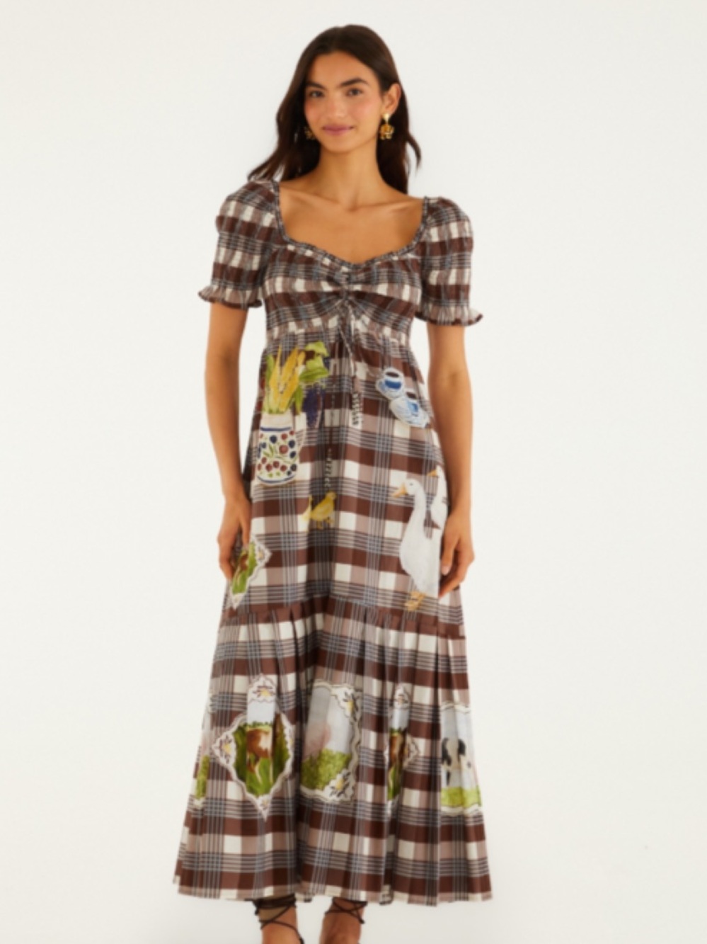 Farm Rio New Brown Country Table Tartan Smocked Maxi Dress